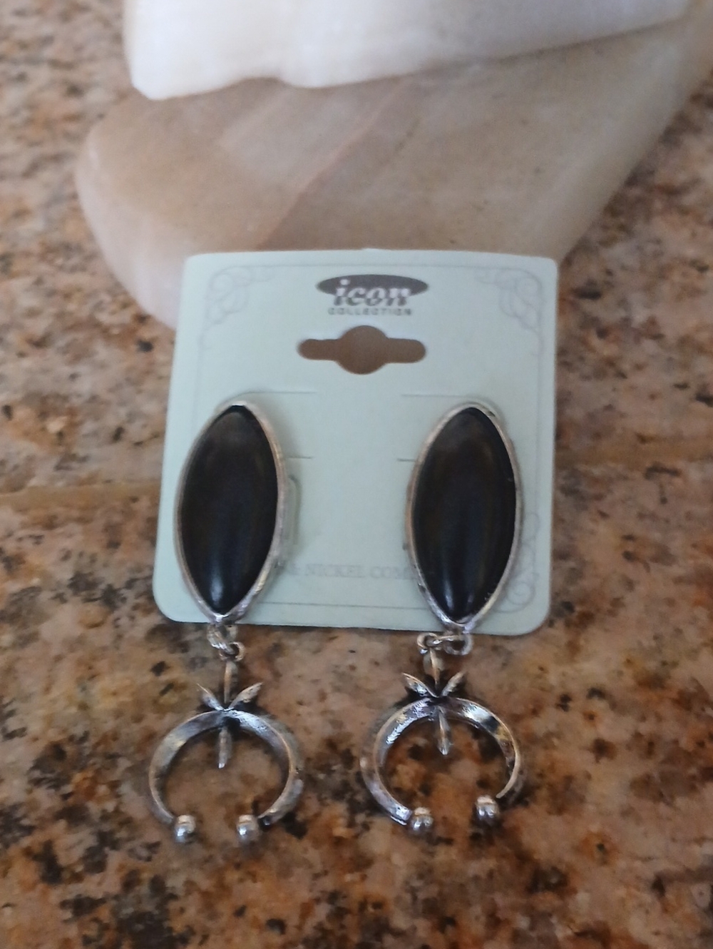 ICON COLLECTION Black Oval Stone Silver-Tone Crescent Dangle Earrings
